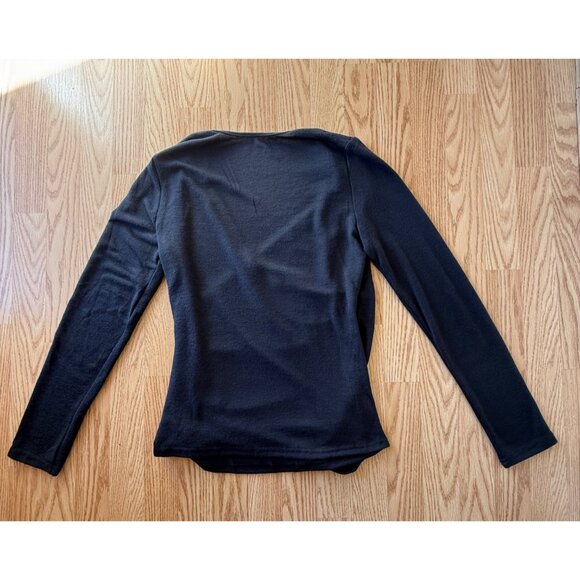 Black Wrap Top Size Large Long Sleeve V Neck Side Pleats Lightweight Sweater - Picture 6 of 9